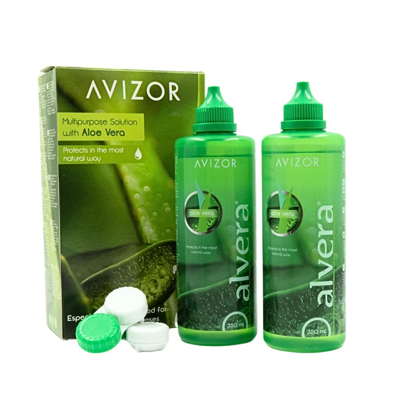 Verpackung, Flaschen und Kontaktlinsenbehälter von Alvera Kombilösung Doppelpack 350 ml Pflegemittel für Kontaktlinsen