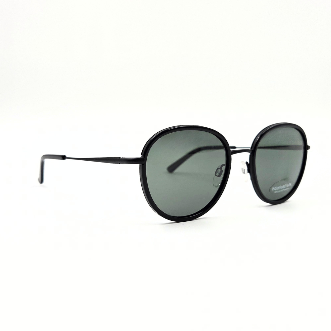 Runde Sonnenbrille, schwarzer Rahmen, leichtdunkel grün getönte Gläser, Vorderansicht