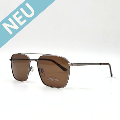 Eckige Sonnenbrille, Metallrahmen und Doppelsteg in Chromoptik sowie braunen Gläsern – schräge Ansicht