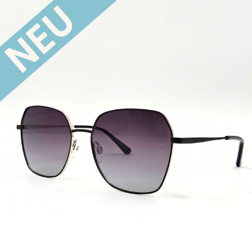 Sonnenbrille mit schwarzem Metallrahmen und leicht eckigen Verlaufsgläsern in Grau – Frontansicht