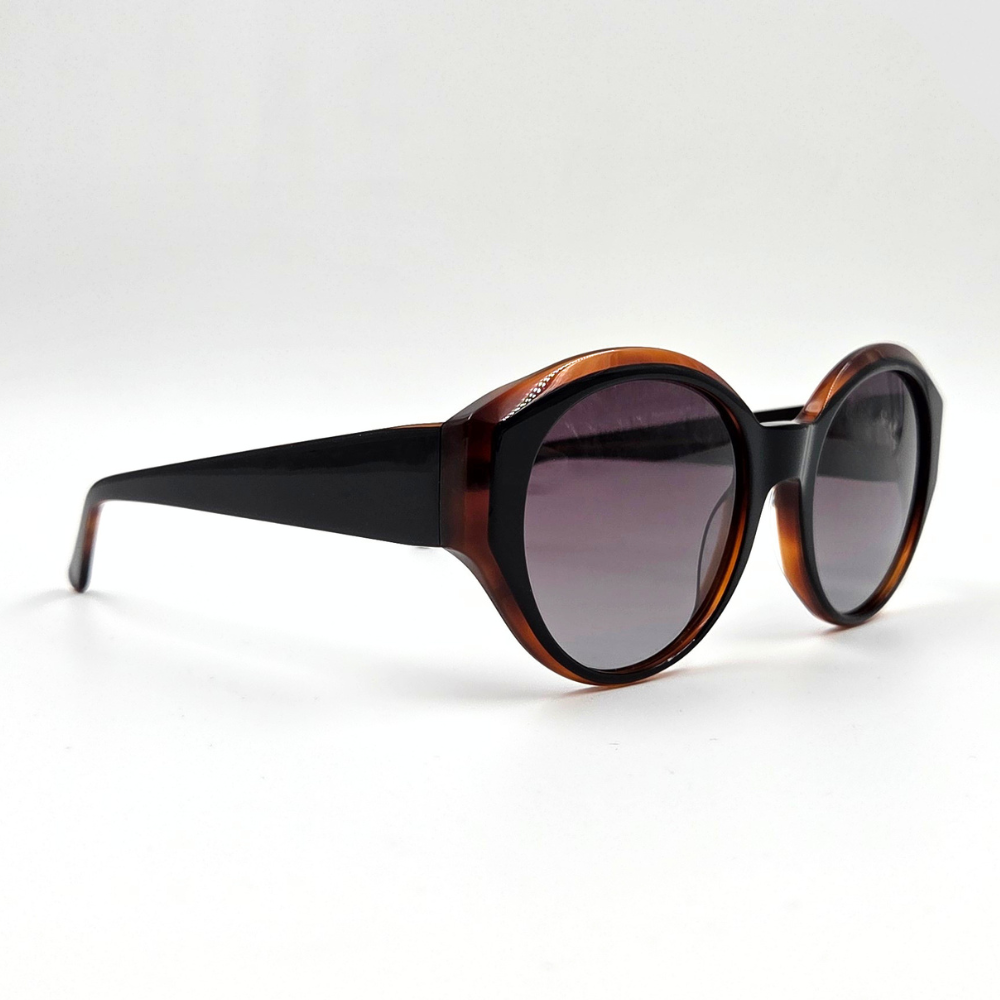 Runde Sonnnenbrille mit bernsteinfarbenem Rahmen, Verlauf braun hell dunkel, Verlaufstönung, Vorderansicht