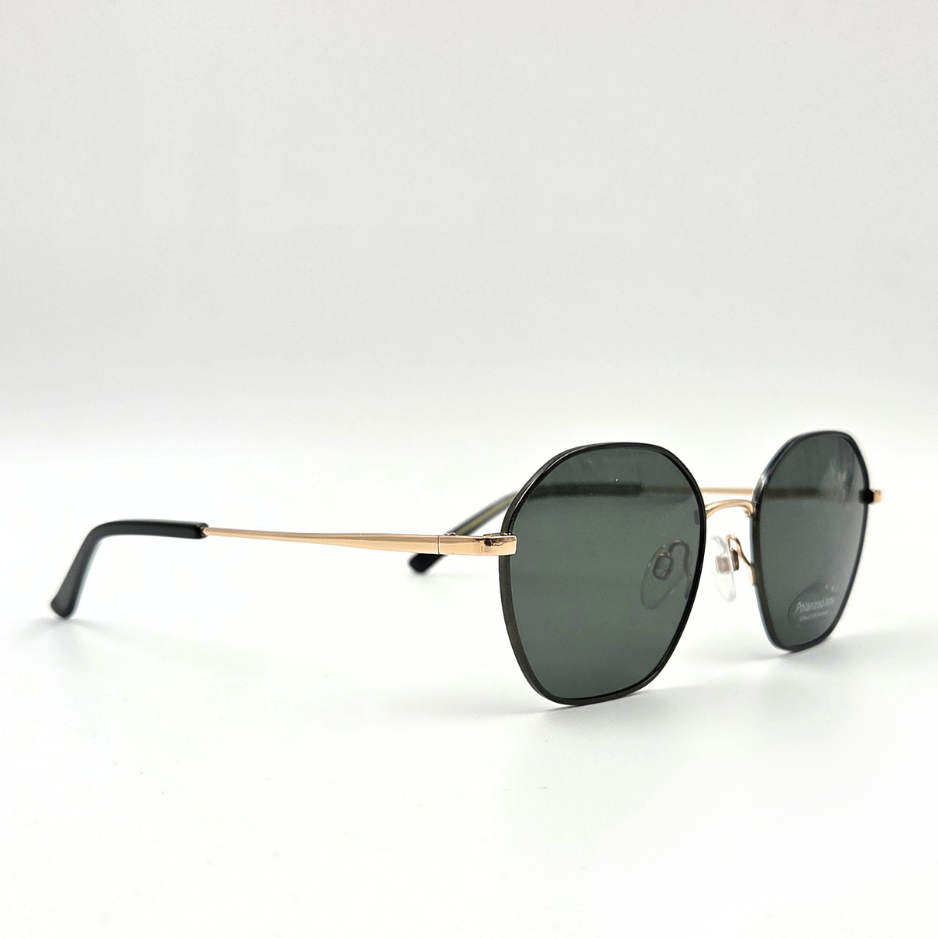 Runde Sonnenbrille mit goldfarbenem Metallrahmen und dunklen Gläsern – schräge Seitenansicht