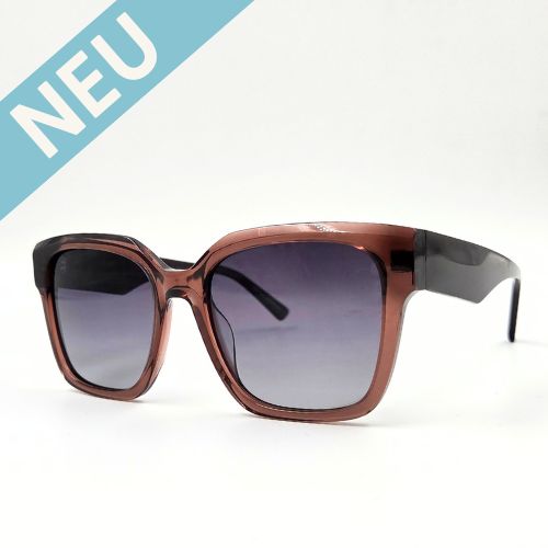 Moderne eckige Sonnenbrille rosé-braun transparent, graue Verlaufsgläser und breiten schokobraunen Bügeln – schräge Ansicht