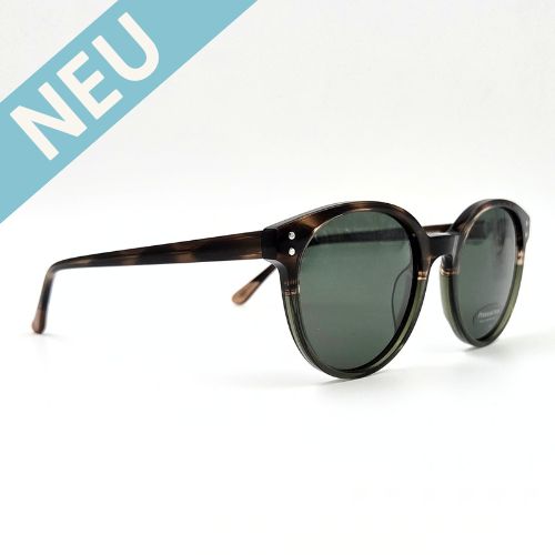 Runde Sonnenbrille im Havana-Design mit braun gemustertem Rahmen und dunklen, leichtgrünen Gläsern – schräge Seitenansicht