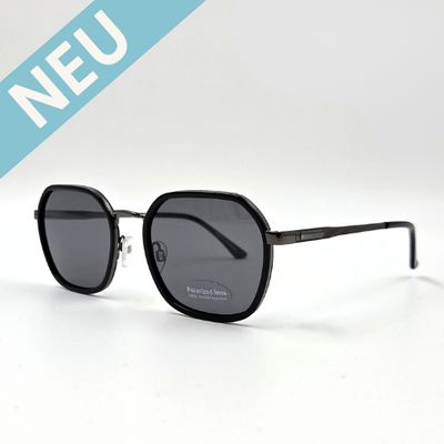 Sonnenbrille - Gunmetal Round, 7003-103 Sechseckige Sonnenbrille mit schwarzem Metallrahmen, anthrazit Elementen und dunklen Gläsern – schräge Seitenansicht