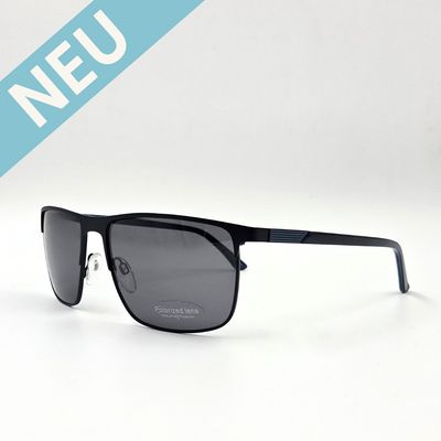 Schwarze eckige Sonnenbrille, Metallrahmen, dunkel getönte Gläser, Frontansicht