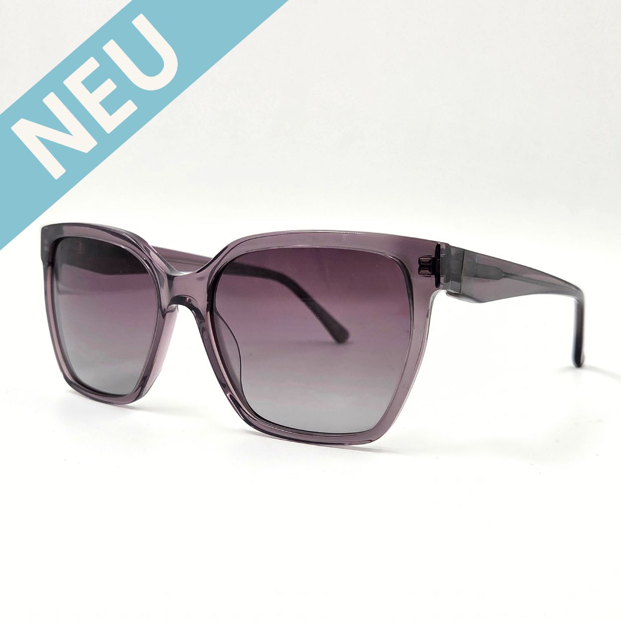 Sonnenbrille mit transparentem Rahmen in Taupe/Flieder und Verlaufsgläsern – schräge Seitenansicht