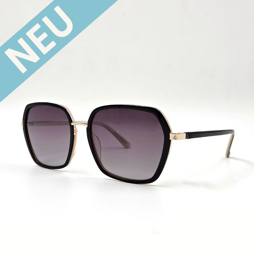 leicht secheckige Sonnenbrille, zarter schwarzer Rahmen, zarte schwarze Bügel, goldene Elemente, Verlaufsgläser, vorne