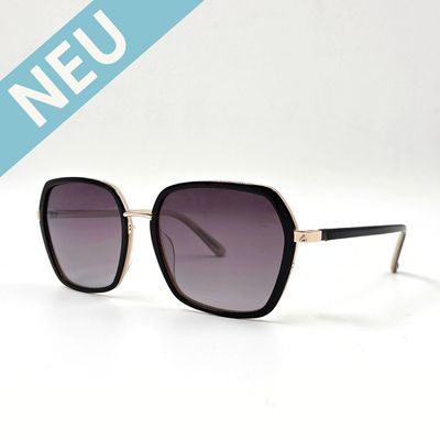 Sonnenbrille - Black Frame Gold Line, 7048-101 leicht secheckige Sonnenbrille, zarter schwarzer Rahmen, zarte schwarze Bügel, goldene Elemente, Verlaufsgläser, vorne