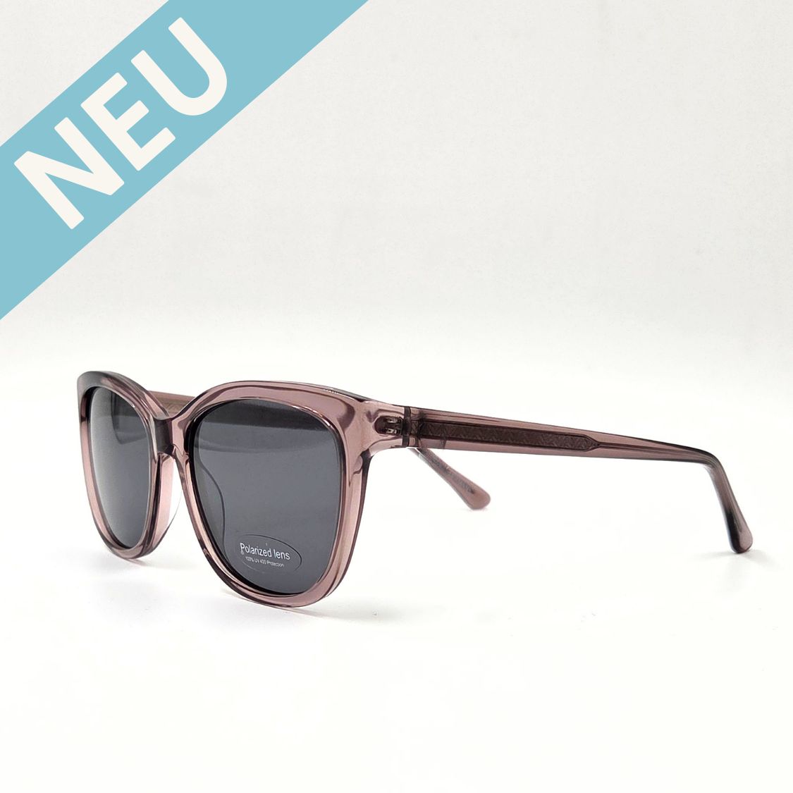Runde Sonnenbrille taupe-rosé transparent mit dunklen Gläsern – schräge Ansicht