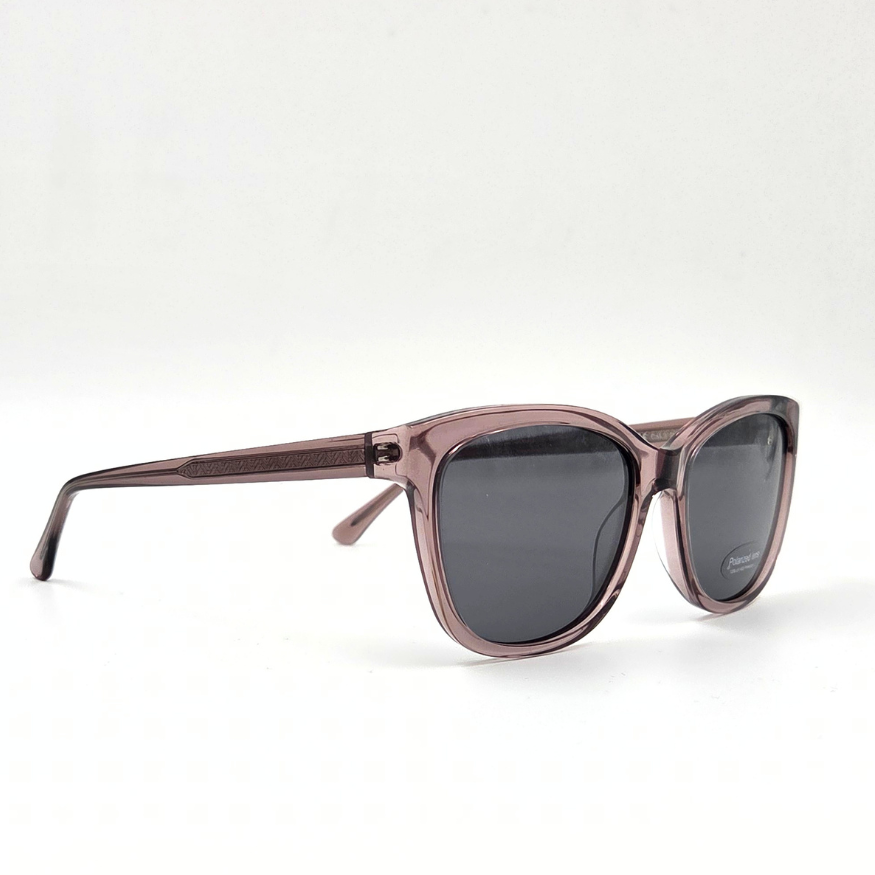 Runde Sonnenbrille taupe-rosé transparent mit dunklen Gläsern – schräge Ansicht