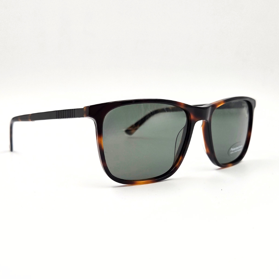 Eckige Sonnenbrille im Havana-Design mit braun gemustertem Rahmen und dunklen Gläsern – schräge Seitenansicht