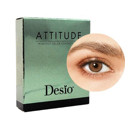 Desio™ Monats-Farblinsen, 3-farbig | Eternal Brown, sphärisch Eternal Brown Farblinsen mit Verpackung und natürlichem Farbeffekt am Auge