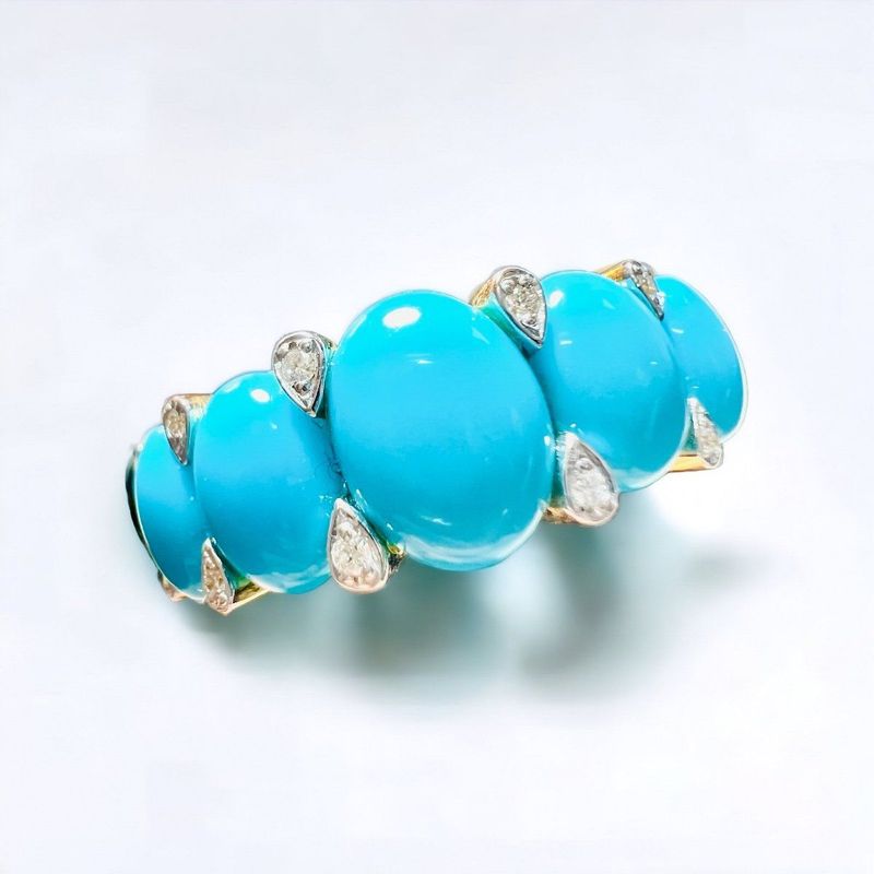 Bague Jarretière En Or Jaune  18 Carat Sertie Turquoise En Cabochon Et Petits Brillants