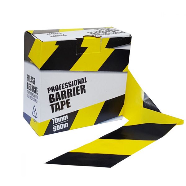 70MM X 500M PROFESSIONAL BLACK/YELLOW NON-STICKY BARRIER