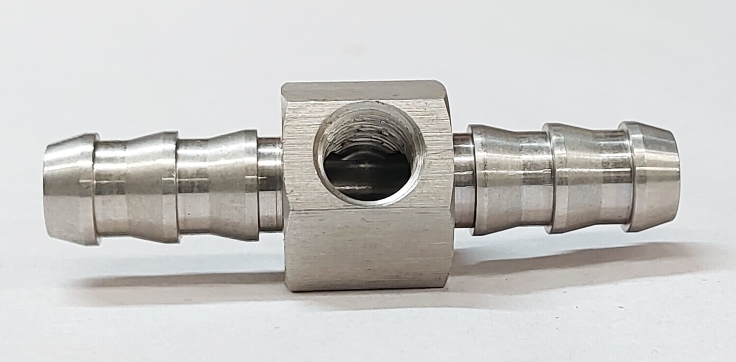 Fuel Pressure Test Port or Bleeder Tee 3/8" Push Lock Barb by 1/8" NPT