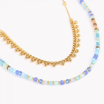Collar doble en acero con piedras azules