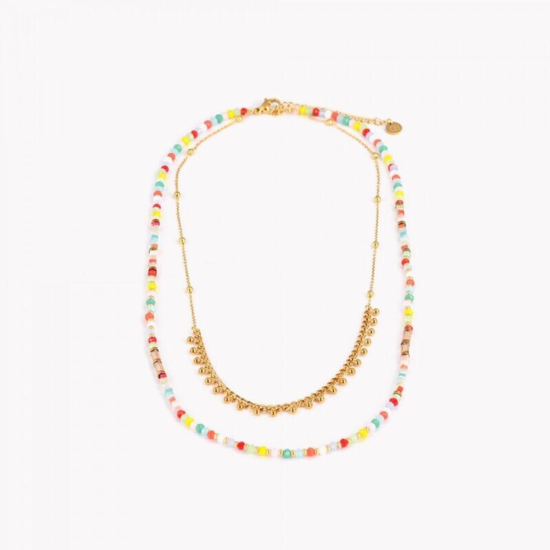 Collar doble en acero con piedras coloridas