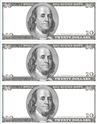 $20 denomination 3-Up MegaBig Buck bills