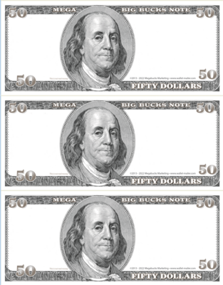 $50 denomination 3-Up MegaBig Buck bills