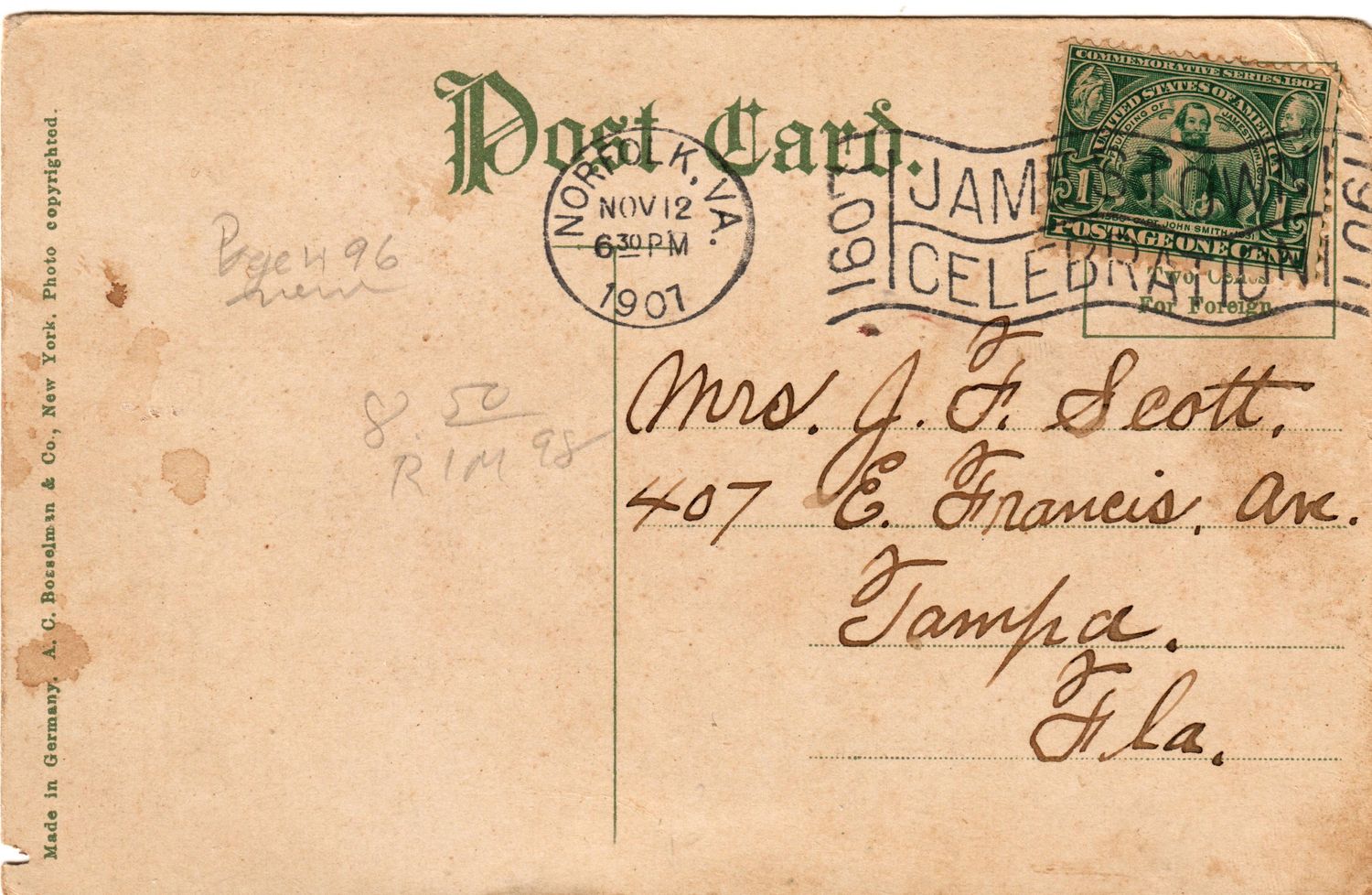 Rare One Cent Green Stamp 1907 Founding Of Jamestown NORFOLK,VA   Postcard
