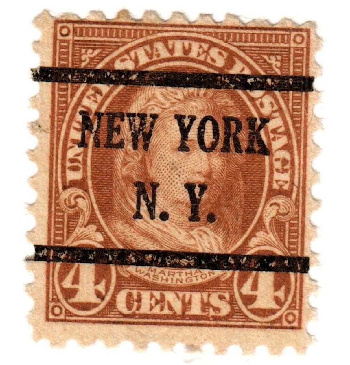 US STAMP 4 CENTS MARTHA WASHINGTON HINGE PRECANCEL NEW YORK  N.Y.