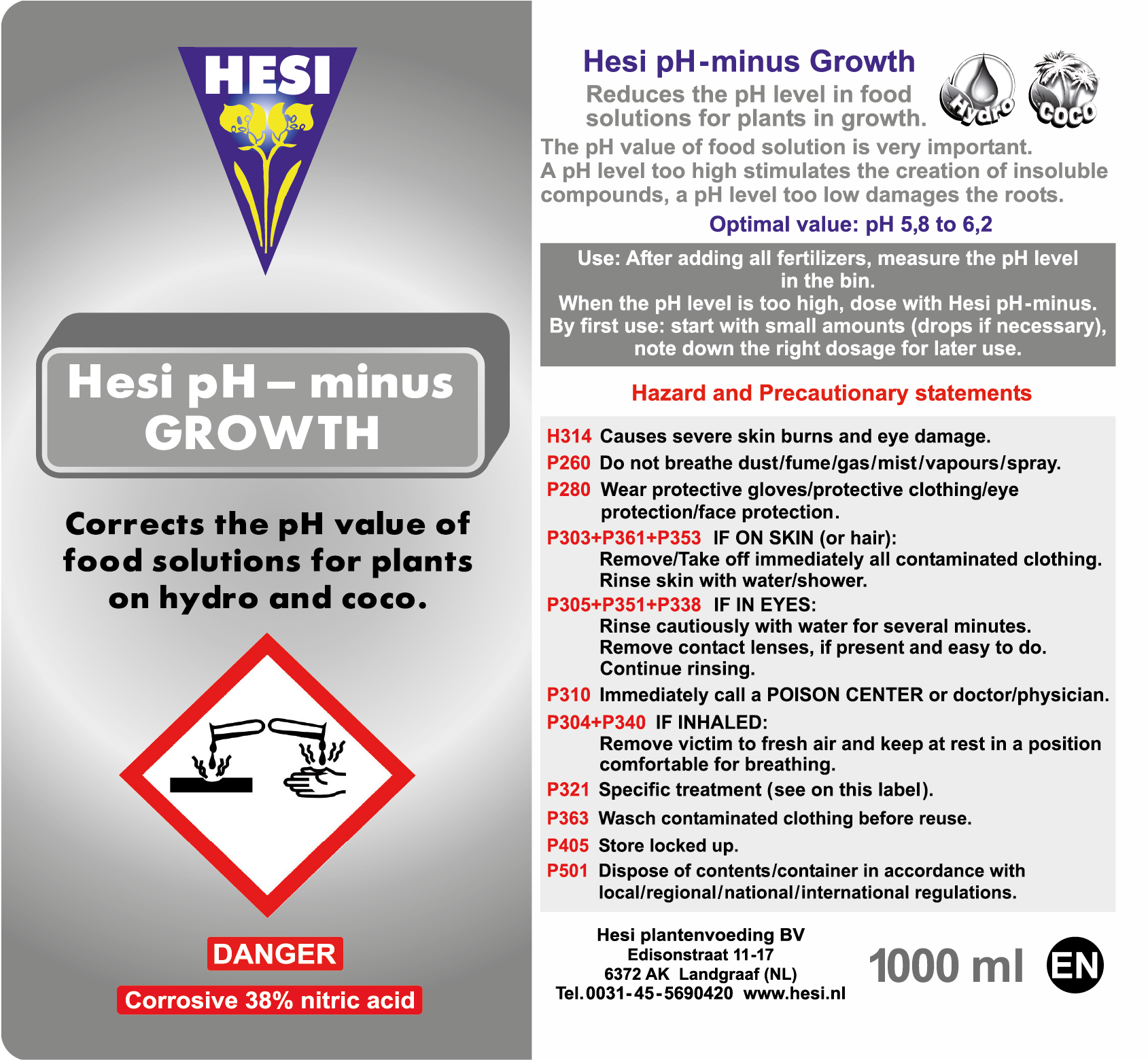 Hesi - pH-minus Grow (понижение уровня кислотности питательного раствора на стадии роста растения)