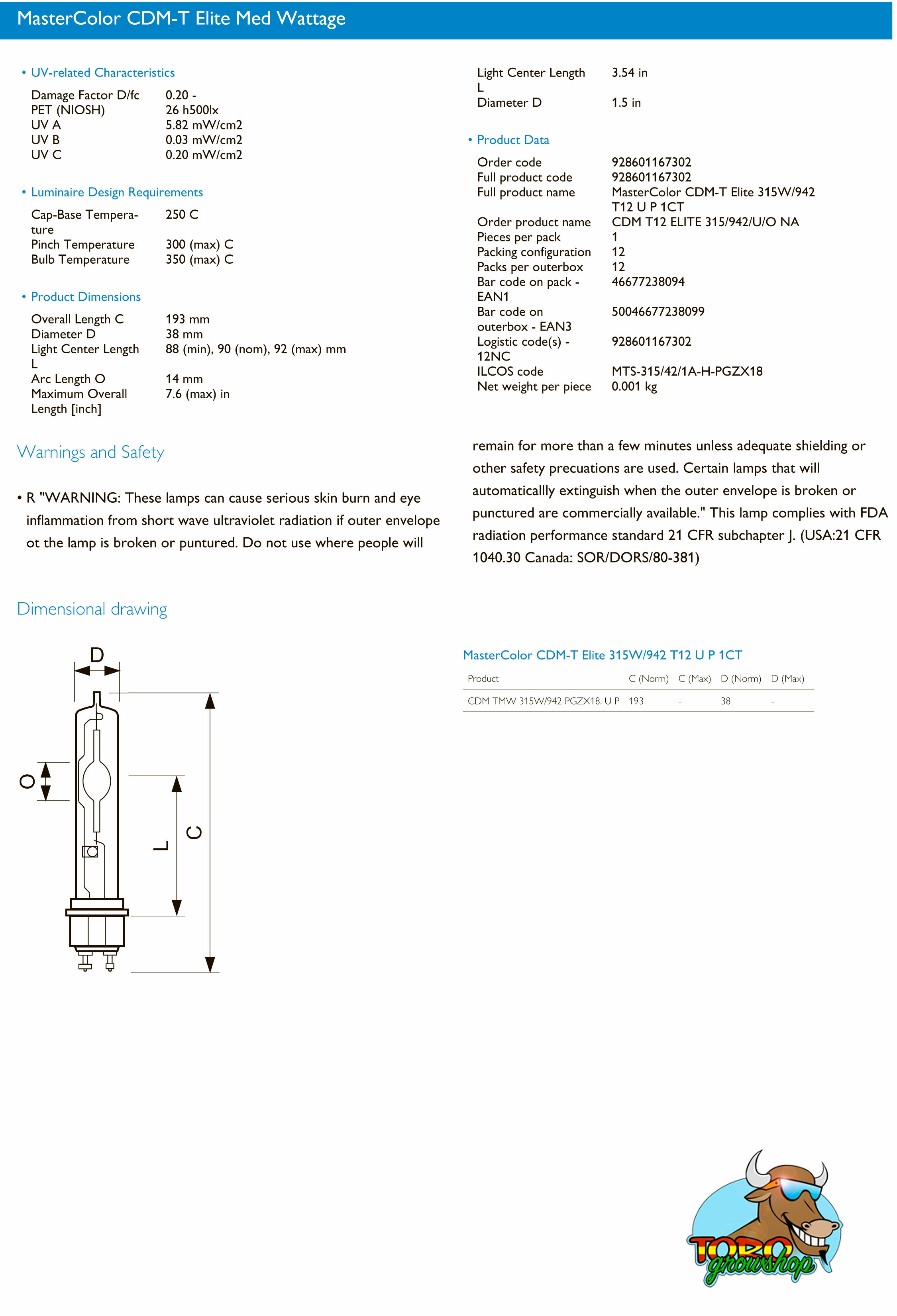 Philips MasterColor CDM-TP MW 315W 4200K (LEC/CDM/CMH лампа)