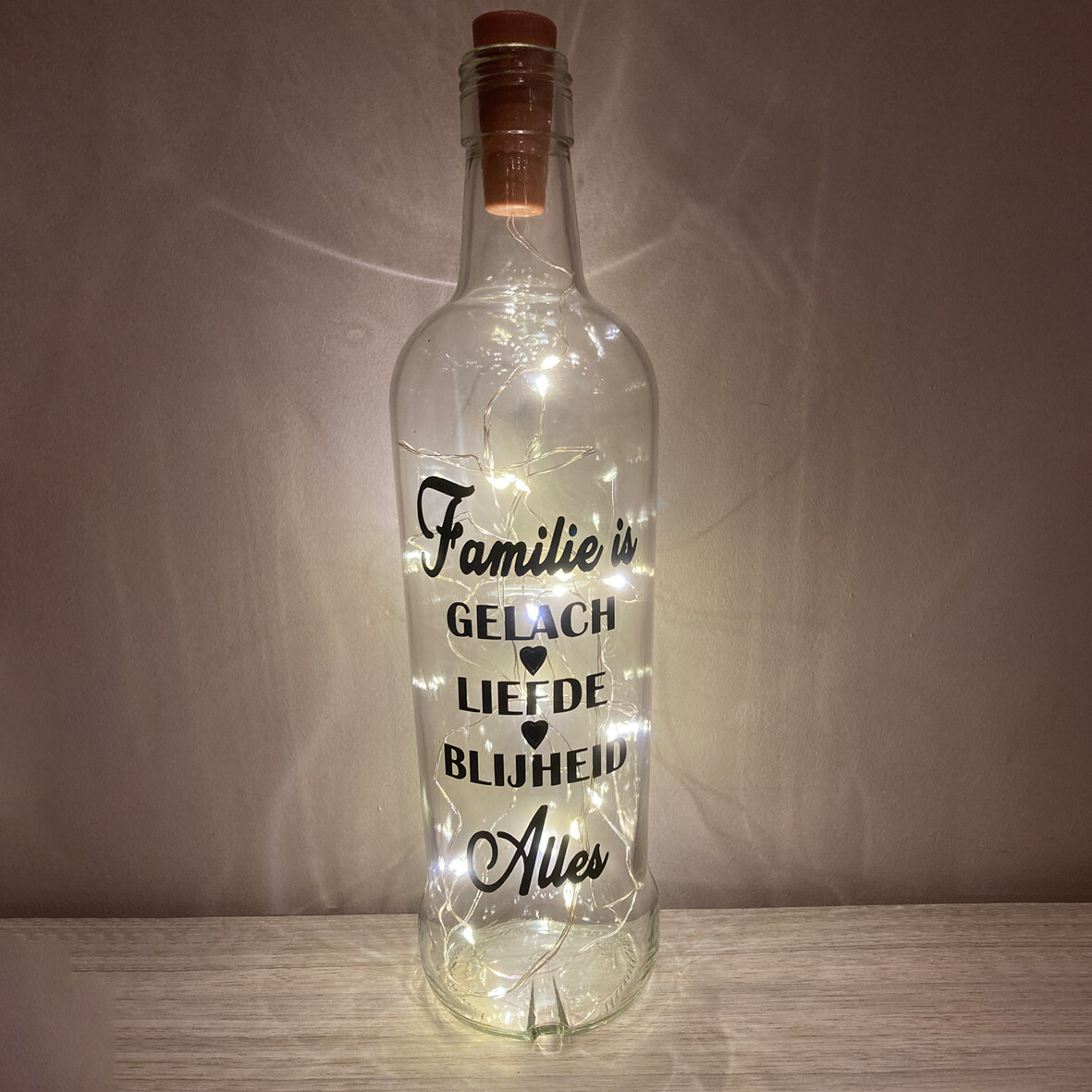 Fles met tekst en lampjes groot