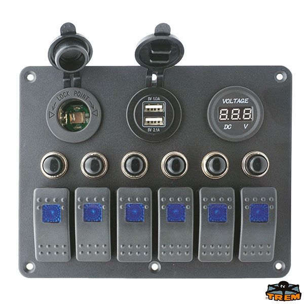 Pannello elettrico 6 interruttori con voltmetro + 2 USB + accendisigari