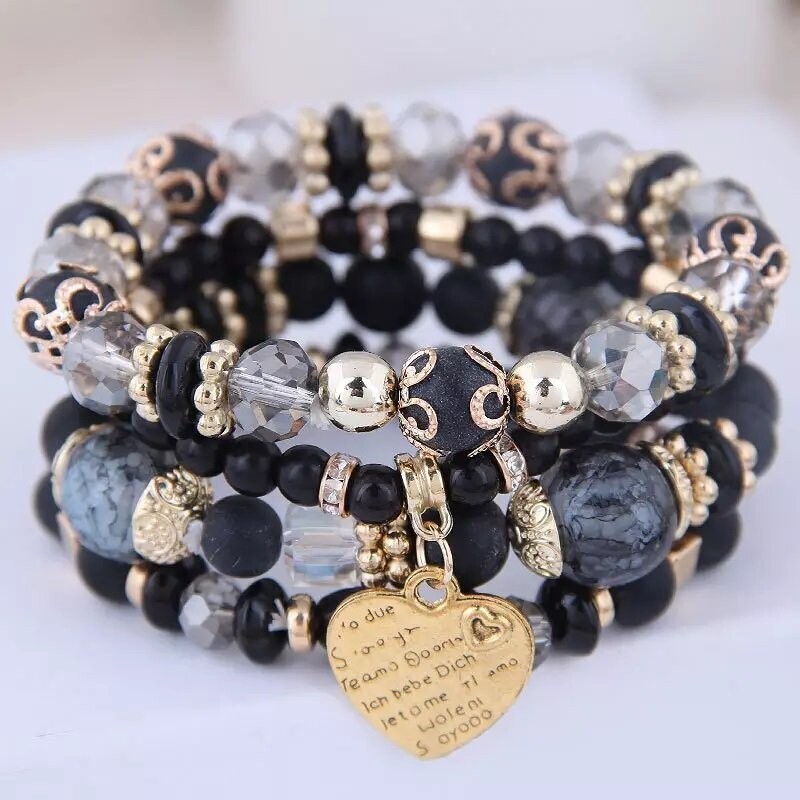 Gorgeous 4-Piece Heart Stackable Bracelet Set- Black