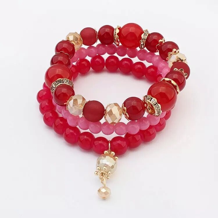 Candy Stone 3-Piece Stackable Bracelet Set- Red