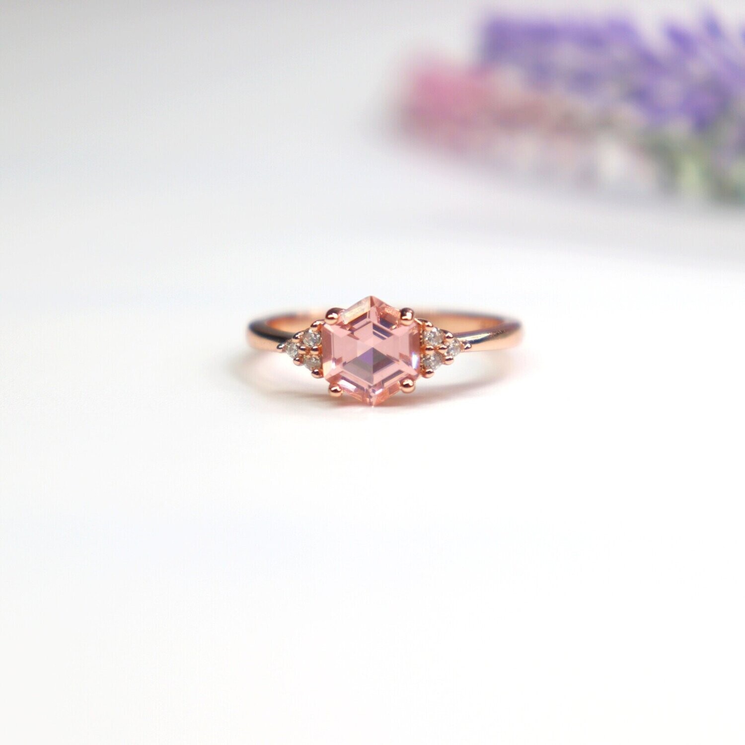 Morganite  Rose Gold 2CT Hexagon Cut Ring