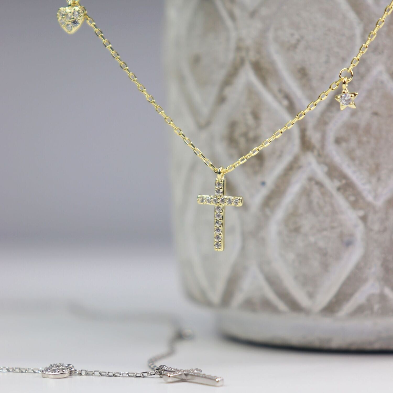 Cross, Heart and Star Necklace, Color: 14k Gold Plated