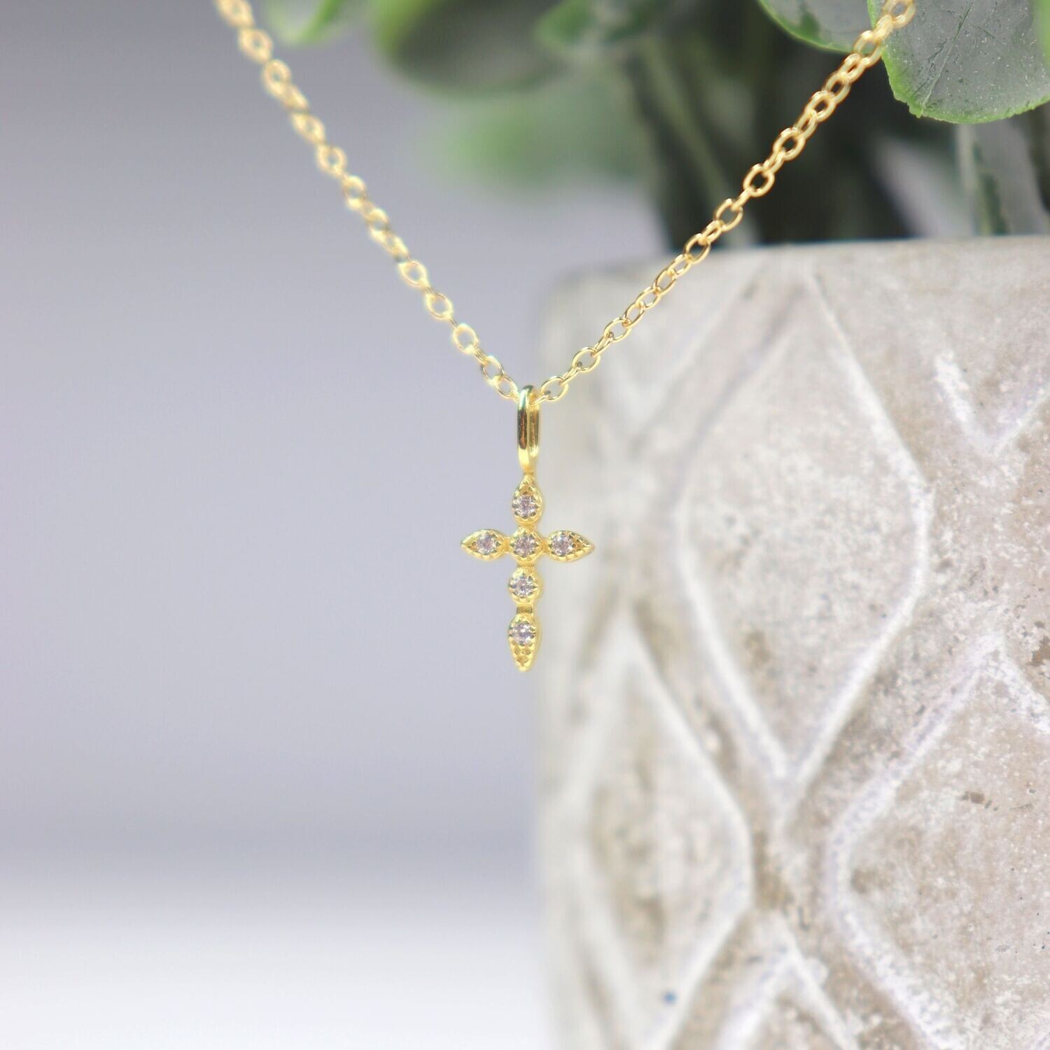 Tiny Cross Necklace, Color: Gold