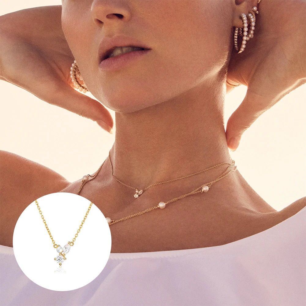 Simple Chain Pearl and Crystal Necklace