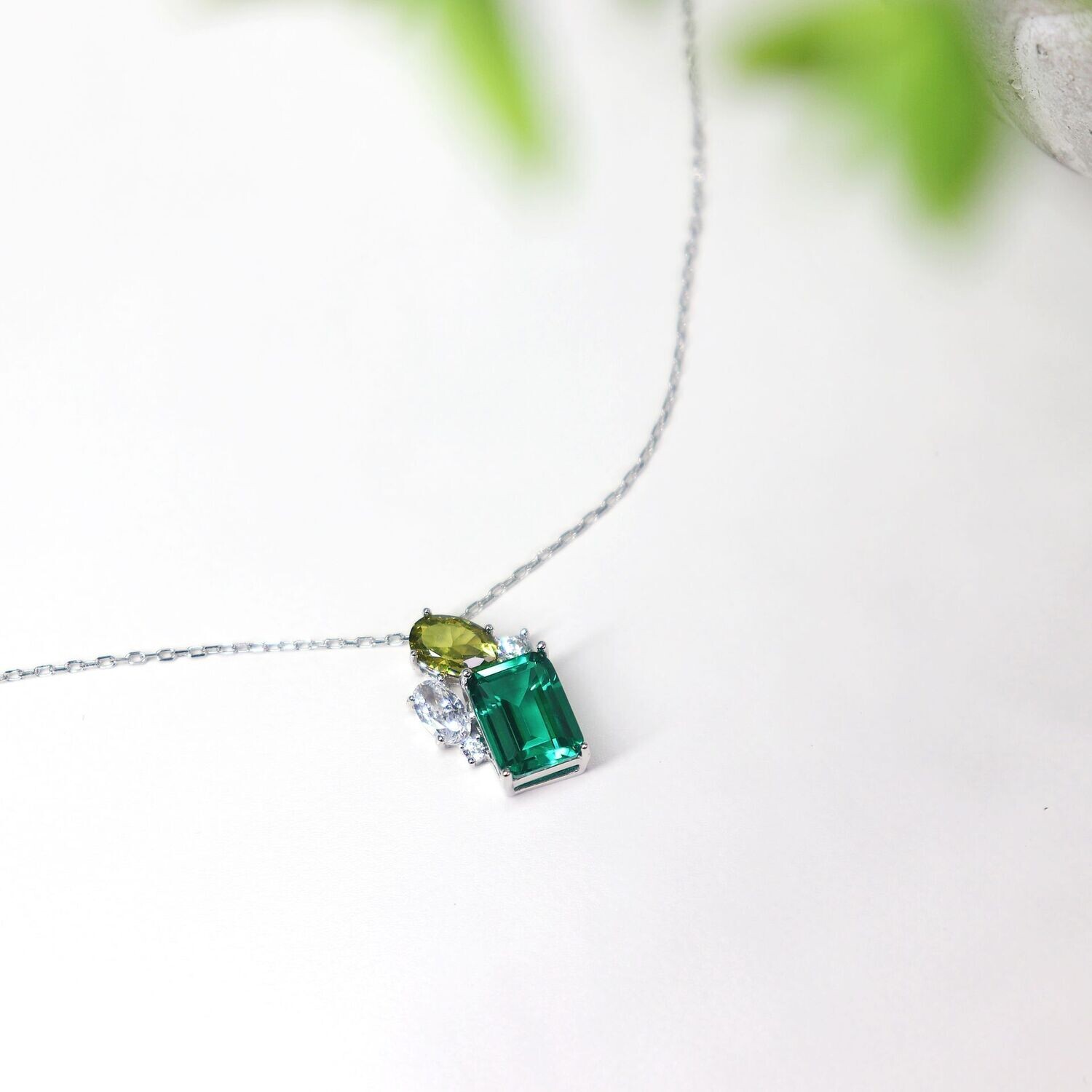 Baguette Emerald Gem Stone Necklace