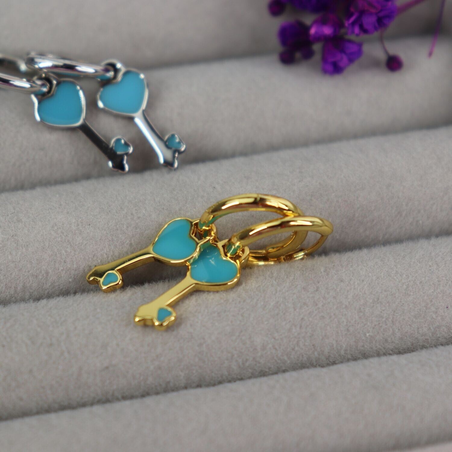Teal Key Heart Earrings