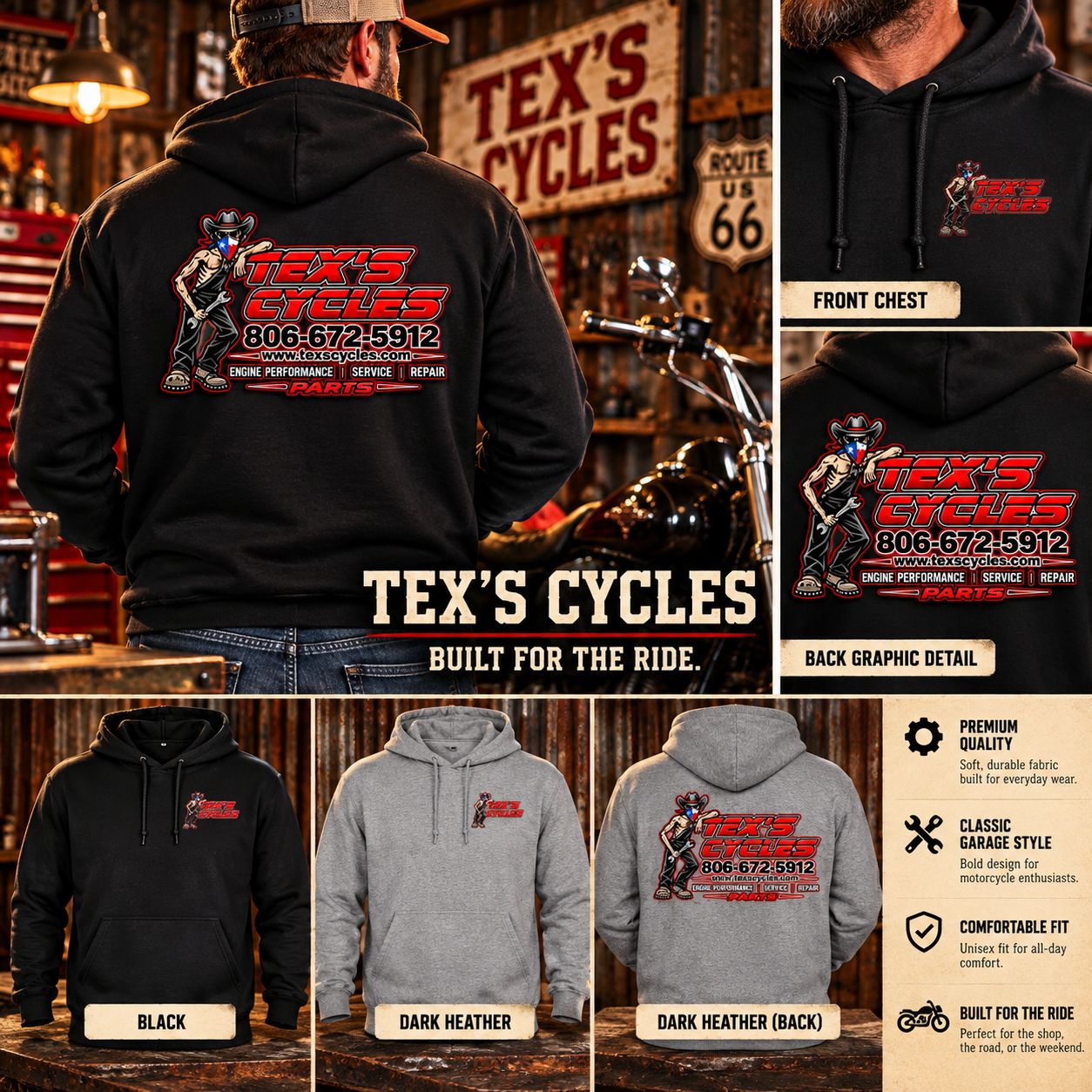 Tex's Cycles Original Logo Pullover Hoodie – Front & Back Graphic