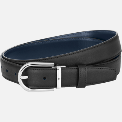 Cintura Montblanc con fibbia ad ardiglione a ferro di cavallo finitura palladio lucido nero blu MB128756