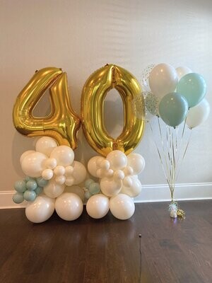 Number Pedestal & Balloon Bouquet set- Seafoam -Gold
