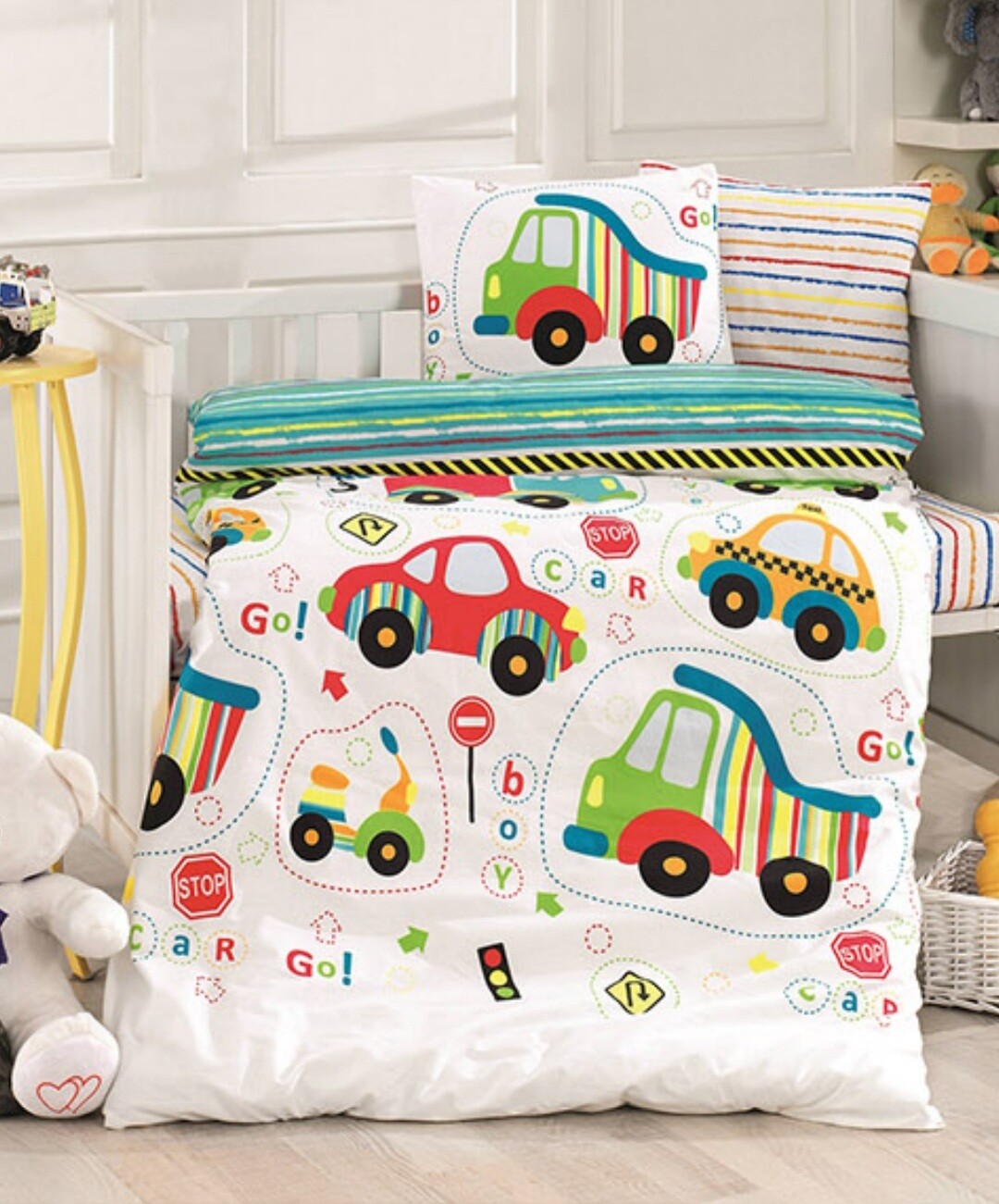 Set Copripiumino Singolo Per Bambini In 100% Cotone Spazzolato – Motivi: Cantieri, Unicorni O Gufi – Morbido E Traspirante