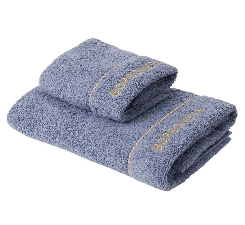 Asciugamani set 5 pezzi Borbonese FINE OP in spugna con logo ricamato Asciugamani set 5 pezzi Borbonese FINE OP in spugna con logo ricamato, varianti borbonese: JEANS