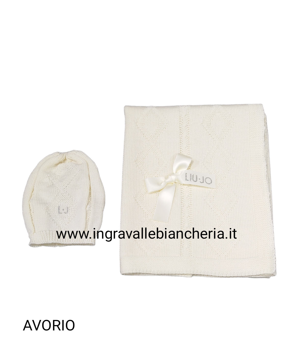 Coperta Culla e Carrozzino con Cuffietta in misto Lana LiuJo art. Rombo, colore: avorio