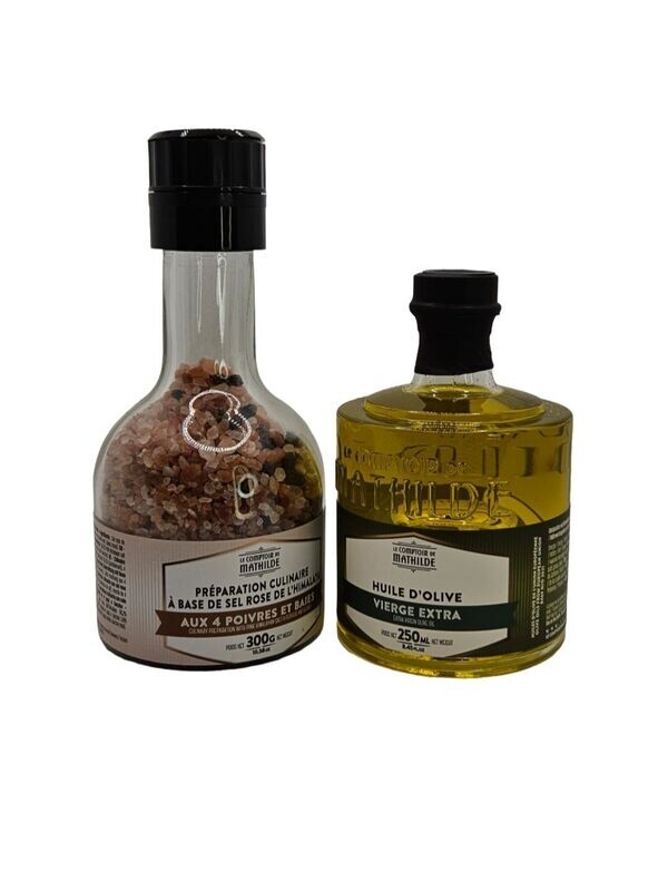 Ensemble de Préparation Culinaire à Base de Sel Rose et aux 4 Poivres et Huile d’Olive Vierge Extra - Empilable