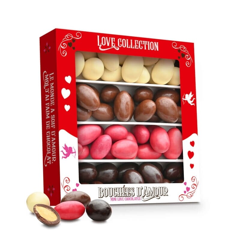 Coffret bouchées d'amour assortiment d'amandes enrobées  special saint valentin