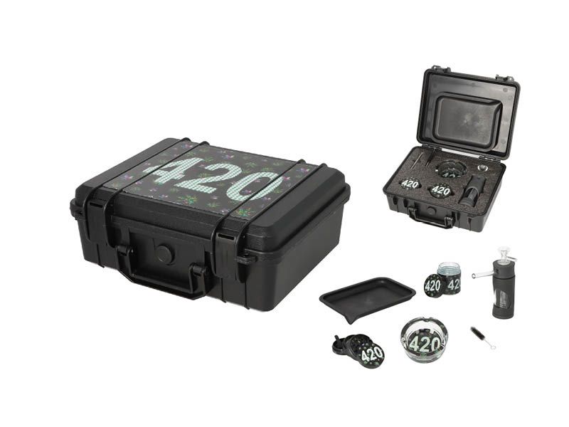 Handpfeifen-Set &quot;Super Heros&quot;, mit Pfeife, Grinder, Tray, Aschenbecher u. Storagebehälter