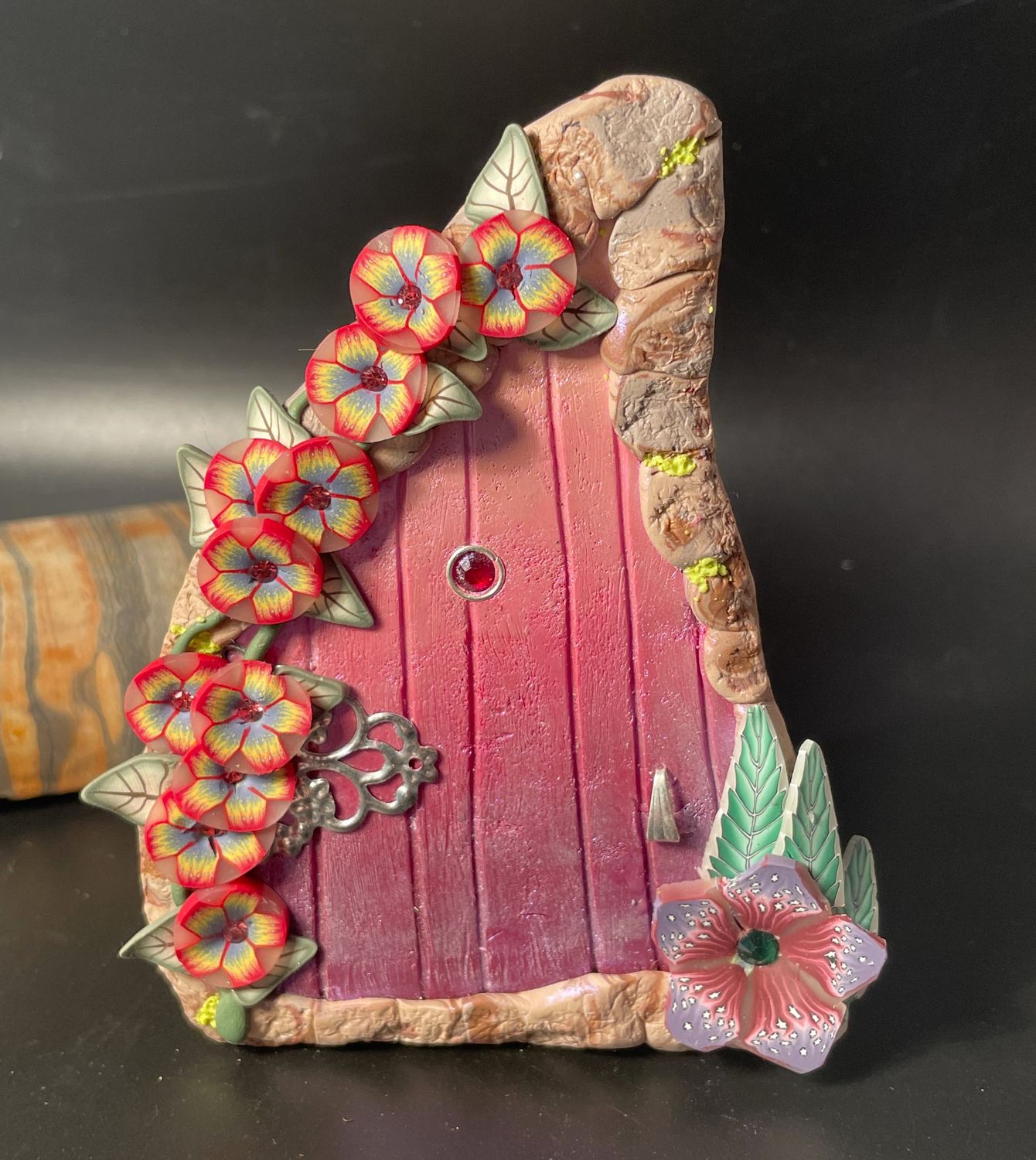 Pink Fairy Door with Rainbow Flowers