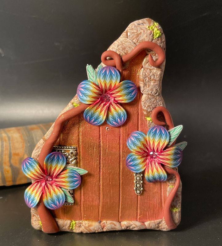 Copper Fairy Door with Large Rainbow Flowers