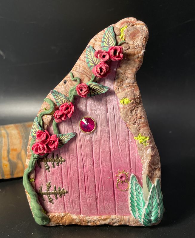 Pink Fairy Door with Pink climbing Rose